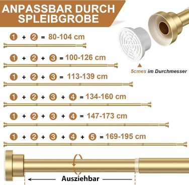 Штанга для штор без свердління AIZESI телескопічна, для ванної, вікна, шафи, діаметр 22 мм, 80-195 см (золота)