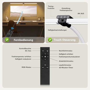 LED лампа для столу Doppelkopf з RGB, регулюванням яскравості 24W, з пультом дистанційного керування, кріпленням, денним світлом, безступеневим регулюванням & кольором, для офісу та дому (чорна) (білий)