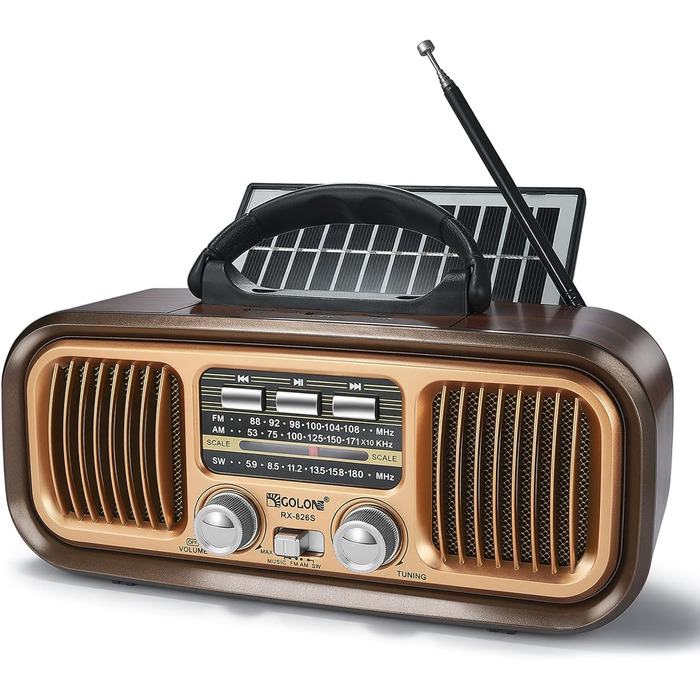 Ретро Радіо Klein з Bluetooth, AM/FM/SW радіо, портативне, з сонячною панеллю, USB/TF картка, 1200mAh, подвійний динамік