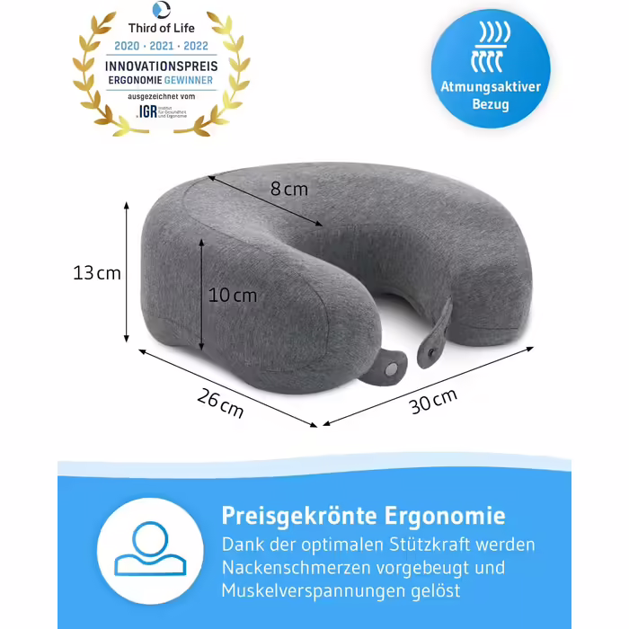 Neck Pillow for Airplane & Car | Orthopedic Travel Pillow Made of Ergonomic Memory Foam | Neck Support RONDAR with Cover | Effectively Against Neck Pain | Breathable Neck Pillow