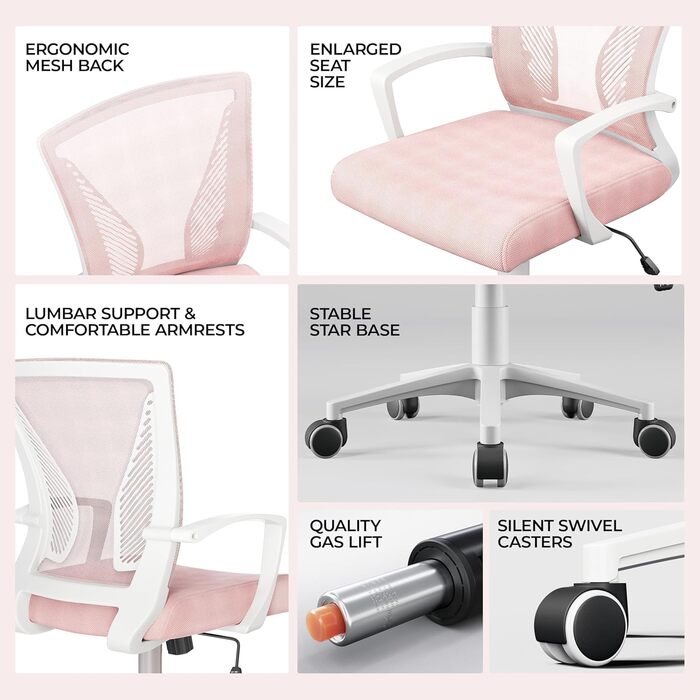 Офісне крісло Yaheetech ергономічне, з сітчастою спинкою, з підлокітниками, для офісу, комп'ютерне крісло, витримує до 136 кг, дихаюче, з функцією гойдання (Рожеве, фіксовані підлокітники)