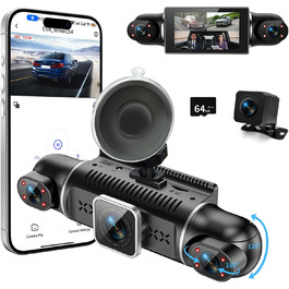 Двоканальна відеореєстратор (Dashcam) 2K+1080P з двома камерами, 64GB, IPS дисплей 3', 4x140° кут огляду, WDR, нічне бачення (8 IR-LED), G-сенсор, циклічна запис, додаток, режим паркування 24/7, чорний