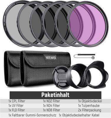 Набір фільтрів NEEWER 58mm ND2 ND4 ND8 UV FLD CPL для об'єктиву: комплект з фільтром, кришкою та блендою