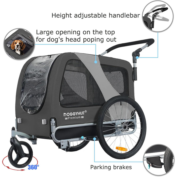 DOGGYHUT® Преміум великий 2 в 1 велосипедний причіп для собак та візок-бігунка. Великий об'єм 270 літрів для середніх та великих собак до 35 кг (сірий / чорний)