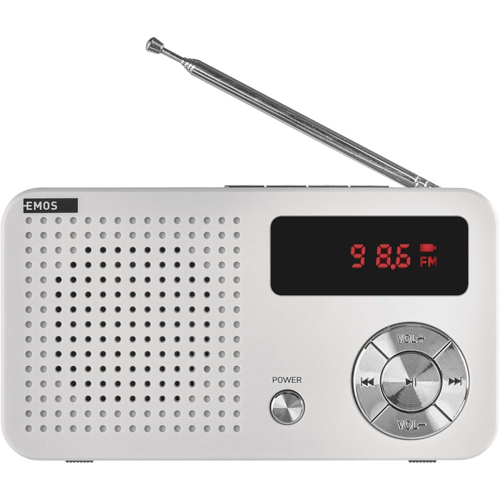 Портативне радіо EMOS з MP3-плеєром та акумулятором, FM радіоприймач, USB-C, Micro SD, білий/сірий