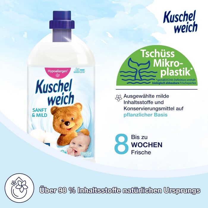 Кондиціонер для білизни Kuschelweich Sanft & Mild, гіпоалергенний, без мікропластику, 6 x 2 л (на 456 прань)