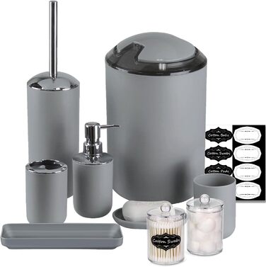 Набір аксесуарів для ванної кімнати IMAVO – 8 предметів сірого кольору (сміттєвий бак, дозатор мила, мильниця, тримач для зубних щіток, тримач для унітазного йоржика, диспенсер для ватних паличок з етикетками)