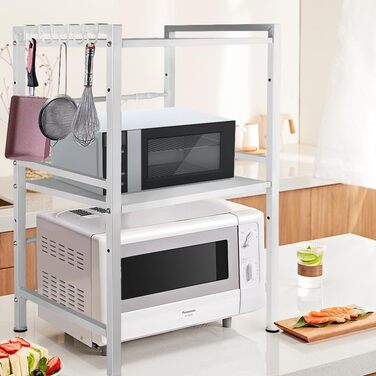 Поличка для мікрохвильової печі, 3 яруси, органайзер з гачками, розширювана, 40-64 см, з вуглецевої сталі, білий