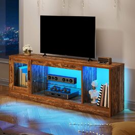 YITAHOME ТВ-тумба ретро з дерева, 148×32×51 см, з регульованою скляною полицею, LED RGB підсвіткою 144 см, пультом ДУ, коричнева