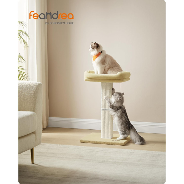 Feandrea Cat Tree, Cat Tower with 40 x 30 cm Plush Platform, Scratching Post, Cat Scratching Tree, 71 cm High, Sisal-Wrapped Scratching Post, 45 x 40 cm Base, with Plush Ball, PCA022W01 (Beige)