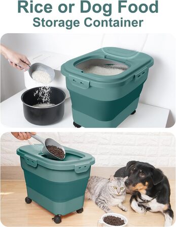 Контейнер для зберігання рису, складний, на колесах, з герметичним кришкою, мірний стакан та лопатка, для продуктів, рису, кормів для тварин, борошна, темно-зелений, 9-13,6 кг