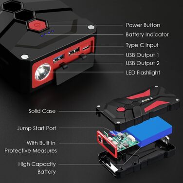 Пусковий пристрій для автомобіля Starthilfe 5000A 12V з LED-ліхтарем та USB. Powerbank для бензинових (до 9.0л) та дизельних (до 8.5л) двигунів.