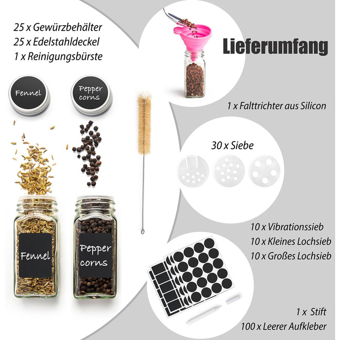 Набір банок для спецій ZEBEN® кутовий [25 шт 120мл] - 25 банок для спецій, мірний дозатор, етикетки, маркер, силіконовий воронка, щітка для чищення