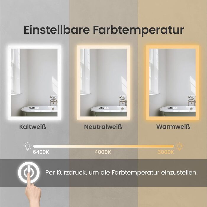 Дзеркало для ванної кімнати AQUABATOS з підсвічуванням 100x70 см LED, антизапар, сенсорне керування, 3 кольори світла, регулювання яскравості