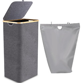 Laundry Basket with Lid 100L, Laundry Box with Bamboo Handles and Inner Pocket, Bamboo Laundry Collector, Large Capacity, Laundry Baskets, Foldable Laundry Baskets for Laundry Room, Bedroom, Bathroom (Gray)