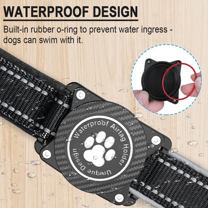 Світловідбиваючий нашийник для собак AirTag, водонепроникний, середній розмір (30.5-38 см), чорний