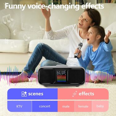 Караоке Машина з 2 Бездротовими Мікрофонами, Bluetooth Колонка з Сенсорним Екраном, LED-підсвічуванням та Підставкою для Телефону, Караоке Колонка для Дітей з USB/TF/AUX (Срібна)