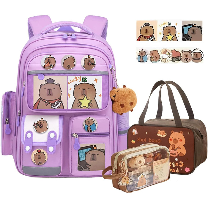 Рюкзак Капібара Великий, Набір рюкзаків Капібара для дітей з пеналом та ланч-боксом, шкільний рюкзак для підлітків, для хлопчиків та дівчаток (фіолетовий)