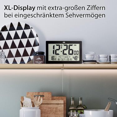 Digital Radio Clock with Large XL Display | Calendar | with Temperature Display & Hygrometer | Wall Clock | Radio Alarm Clock with 2 Alarm Times and Snooze Function | (--)