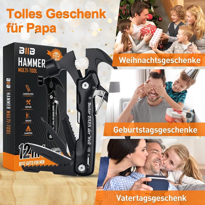 Мультитул BIIB 12 в 1: Подарунок для чоловіків на Різдво, День батька, День народження. Мультиінструмент для кемпінгу, гаджети для адвент-календаря. Преміум якість, чорний колір.