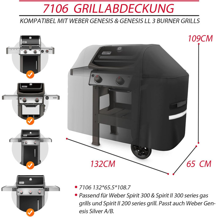 Водонепроникний чохол для гриля Weber Spirit 300/II E310/E315/E330, 132 см, UV-захист, заміна, PU, для газового гриля