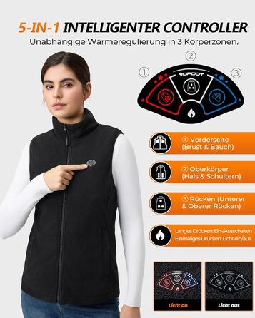 Електрична гріюча жилетка Topdot для жінок з флісу з Powerbank 7.4V 16000mAh, 10 зон нагріву, 3 температурні режими, для велоспорту, кемпінгу та outdoor-робіт, чорна, розмір M