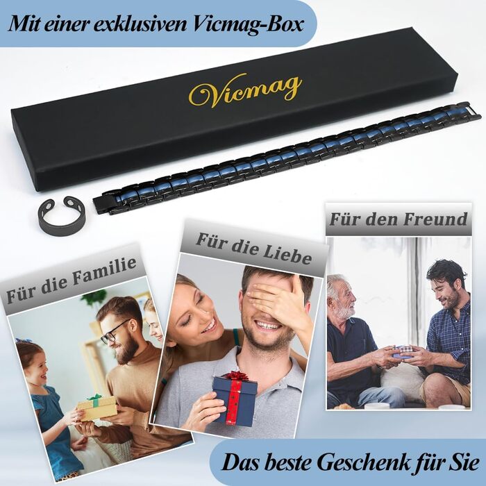 Браслет магнітний чоловічий Vicmag з титанової сталі, подвійна лінія, надміцні магніти, інструмент для регулювання та подарункова коробка (Блакитний, 4 елементи)