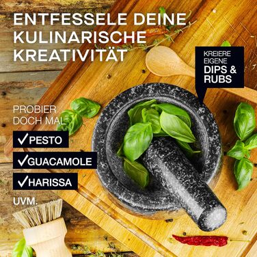 Гранітний млинок для спецій з товкачем, щіткою, рецептами та дерев'яною підставкою - 350 мл
