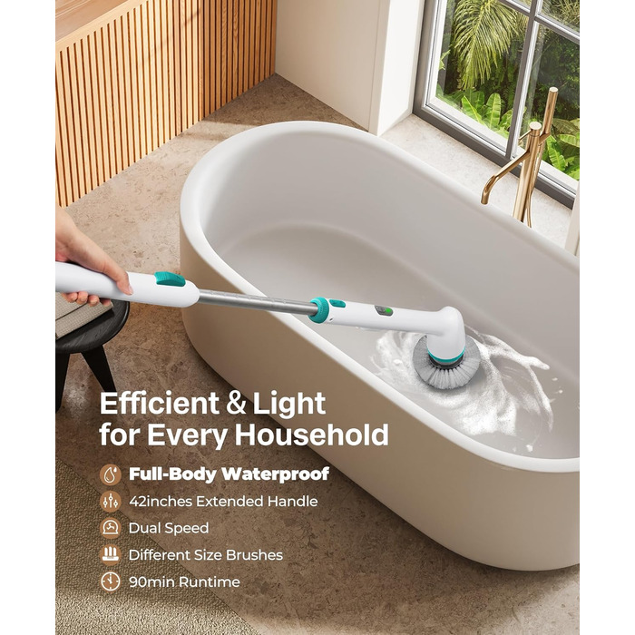 LyriFine Electric Cleaning Brush, New Full-Body IPX7 Waterproof Electric Cleaning Brush, Long-Handle Electric Cleaning Brush for Household Use, 2 Speeds, Replacement Heads for Bathroom