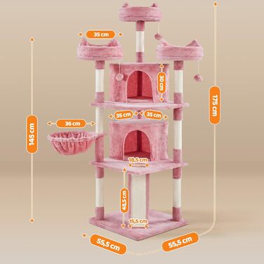 Кігтеточка-комплекс Yaheetech для котів 174 см з 3 платформами, ігровий будиночок, рожевий