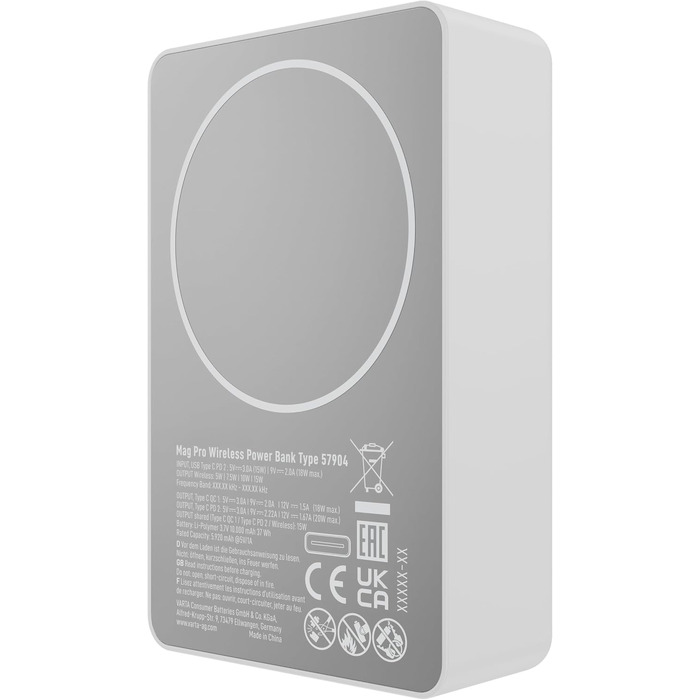 Повербанк VARTA Power Bank Energy 10000 mAh 20W, USB-C та USB-A, Li-Polymer, Pass-Through зарядка, Mag Pro 10000 білий