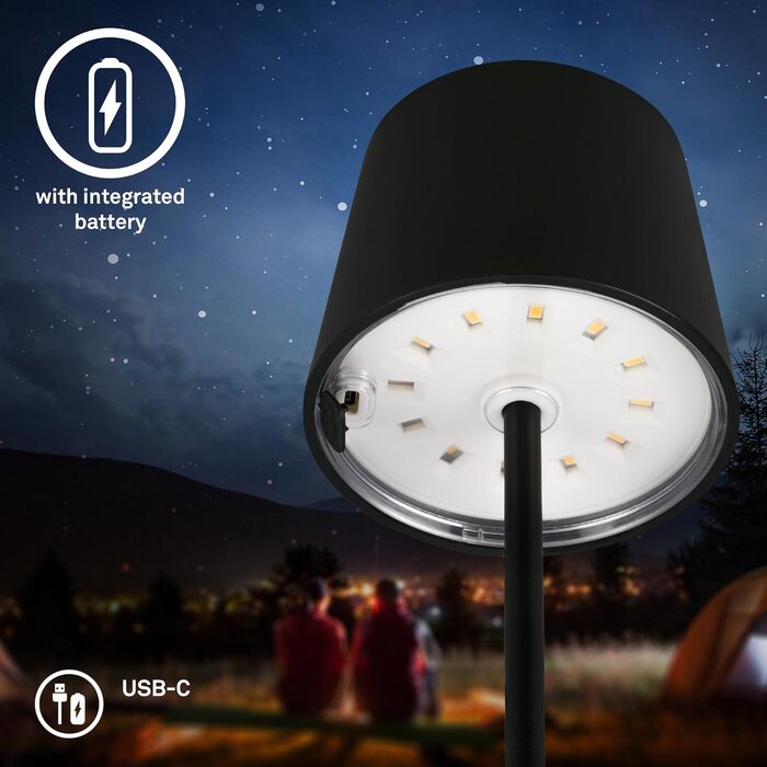 LED лампа BRILONER настільна бездротова, диммирувана торшер, USB-C, для дому та кемпінгу, Ø105x260 мм, чорна