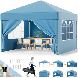 Devoko Gazebo, 2x2 Gazebo Waterproof Stable Winterproof, 3-Height Adjustable, Folding Gazebo UV Protection 50+, Folding Tent Foldable, Gazebo with Carry Bag, For Garden Outdoor Camping, (3*3m 4 Side Walls, Blue)