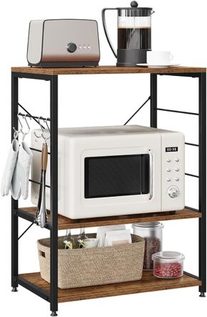 Kitchen Shelf, Microwave Shelf with 4 Hooks, Baking Shelf with 3 Tiers, Storage Shelf for Kitchen, Cafe, Living Room, Bathroom, 60 x 82 x 40 cm, Vintage Wood Look + Black