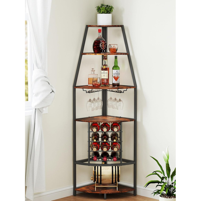 Стеллаж для вина Nisorpa на 12 пляшок, 5-ярусний кутовий, з тримачем для келихів, вінтажний коричнево-чорний