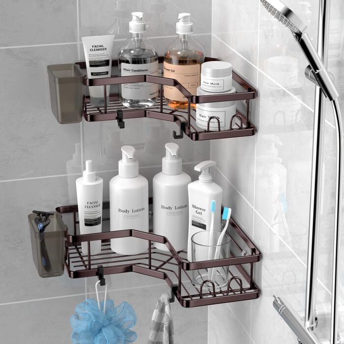FINIBO Shower Shelf No Drilling, 2 Pack Adhesive Corner Shelf Bathroom Organizer, Shower Shelf Stainless Steel with 4 Hooks and 2 Toothpaste Holders, Black Shower Shelf Shower Basket for Bathroom Kitchen