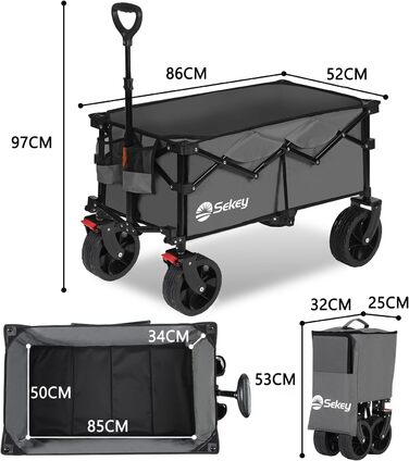 Bollerwagen Sekey XXXL: Складна вантажна платформа з великим об'ємом 150л, 200кг вантажопідйомністю, широкі колеса для бездоріжжя, антрацит