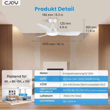 Стеляний вентилятор CJOY з підсвіткою, 107 см, з пультом керування, DC, тихий, з функцією реверсу, пам'ять 3CCT, диммування, 6 швидкостей, таймер для спальні, білий