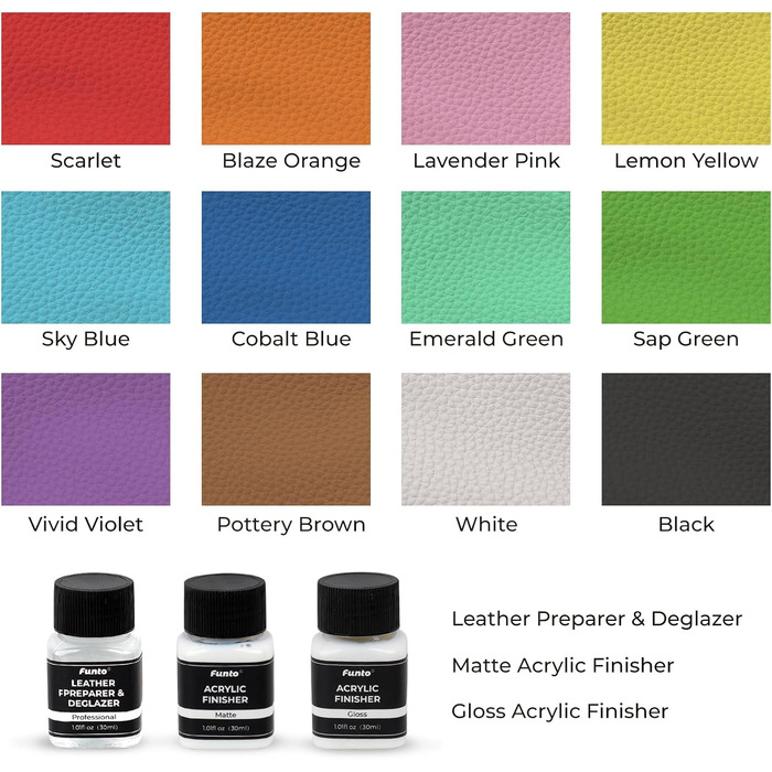 Funto Acrylic Leather Paint Set 12 Colors with Leather Cleaner, 2 Acrylic Gloss Lacquers, 5 Nylon Brushes, a Round Sponge, and 36 Alphanumeric Stickers. Perfect DIY set for shoes, jackets