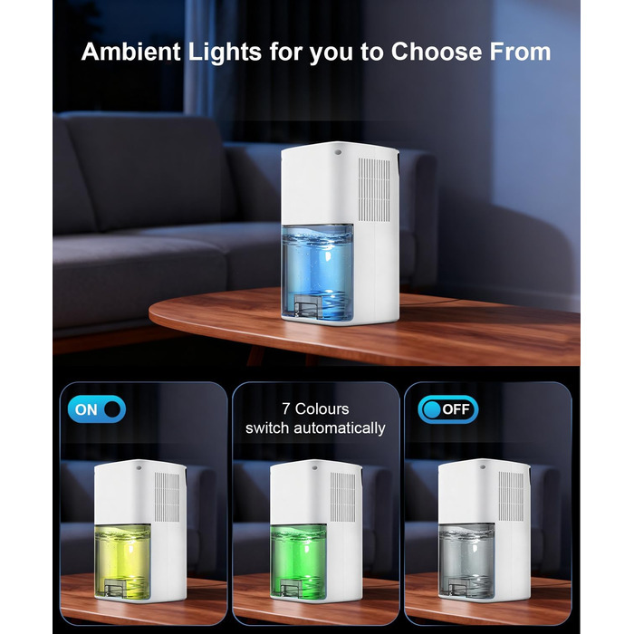 Електричний осушувач повітря з низьким рівнем шуму та підсвіткою, 500 мл. Захист від замерзання. Ідеально для кухні та підвалу