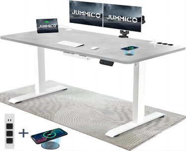 Електричний регульований стіл JUMMICO 140x70 см з бездротовою зарядкою, USB та євро-розеткою, сірої кольору – письмовий стіл для роботи стоячи та сидячи