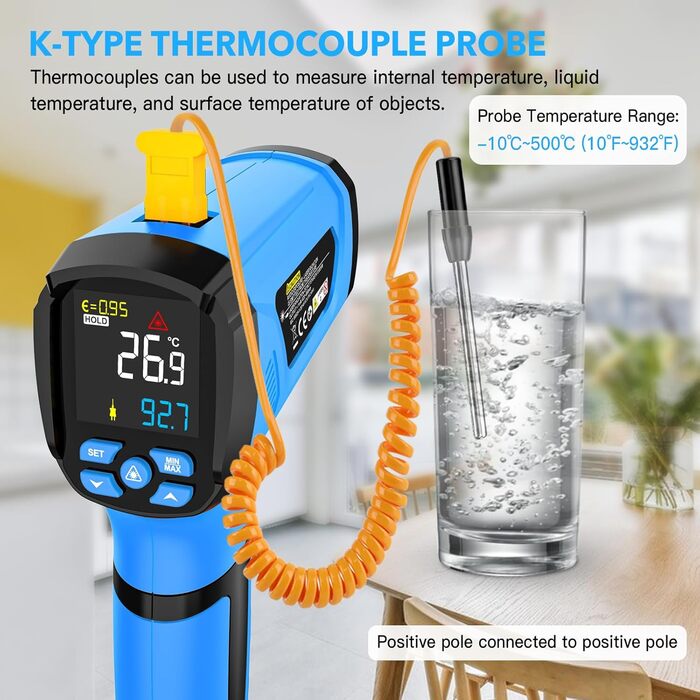 Інфрачервоний термометр MESTEK -40°C до 1600°C: цифровий лазерний вимірювач температури з K-зондом, LCD дисплеєм та сигналізацією. Підходить для кухні та промисловості.