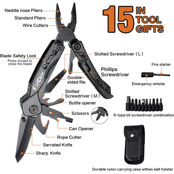 Мультитул 15 в 1: плоскогубці, кресало, свисток, ножиці, викрутка, замок, подарунок для чоловіків, DIY, батькові/татові, чоловікові, хлопцеві