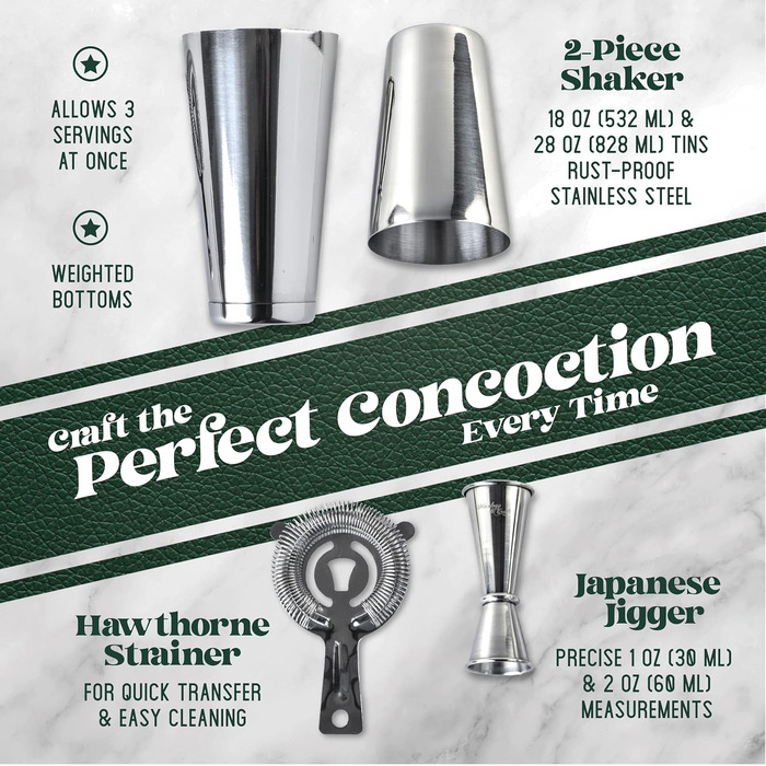 Stainless Steel Cocktail Shaker Set - Mixology Bar Set with Accessories | Silver Cocktail Kit