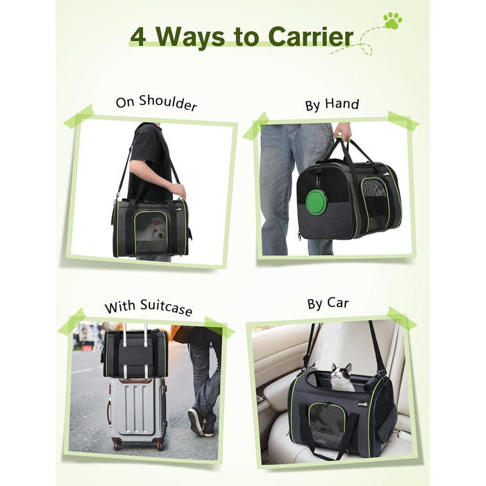 Транспортна переноска для котів Pecute, переноска-ліжко для тварин, складана переноска-сумка для котів та собак, переноска для собак з регульованим плечовим ременем, XL (45 x 35 x 32 см), темно-сірий + зелений (з подушкою)