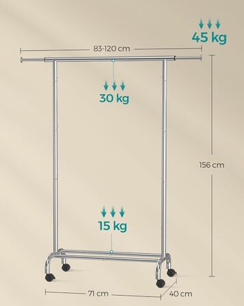 SONGMICS Clothes Rack with Wheels, Extendable Clothes Rod, Garment Rack Made of Steel Pipes, Elevated Storage Rod, 40 x (83-120) x 156 cm, Cloud White HSR134W01 (Silver)