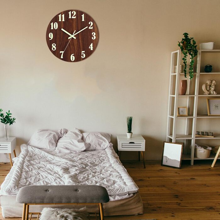 HZDHCLH Funk Wall Clock Silent No Ticking 25 cm Easy to Read Clock for Kitchen, Living Room, Bedroom, Bathroom, Home Office (Wood Color - Electric Wave)
