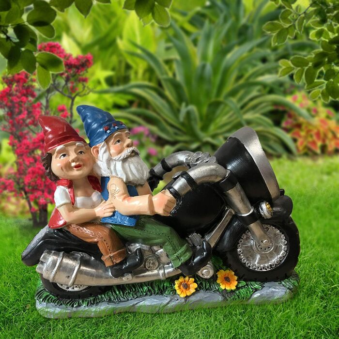 CT DISCOUNT STORE Biker Garden Gnomes Pair on Motorcycle - Outdoor Cute Figurine Motorcycle Statues, Garden Gnome Outdoor, Biker Pair in Love, Make Your House and Garden More Fun, Great Gift