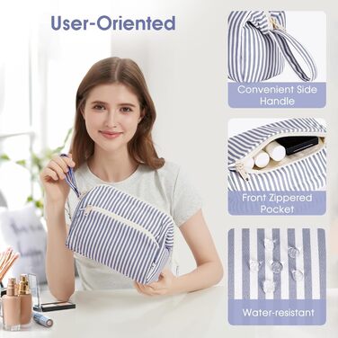 Косметичка жіноча Narwey для подорожей: велика, з широким відкриванням (сіро-блакитна смугаста)