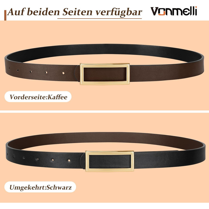 Жіночий шкіряний ремінь VONMELLI вузький з двосторонньою пряжкою, чорний/кавовий, розмір XL (130 см, талія 103-115 см) для суконь, джинсів, штанів
